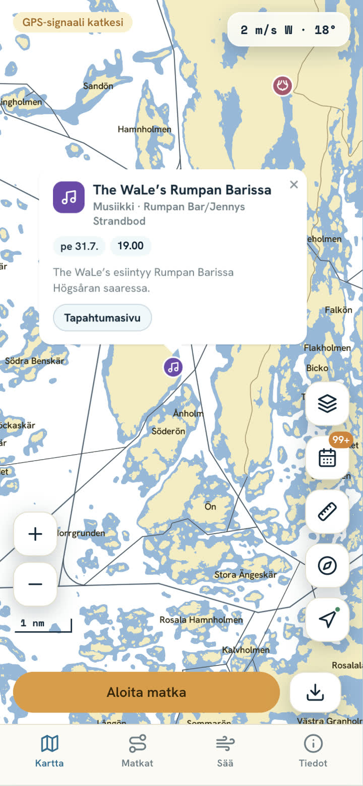 Luotsi — tapahtuma merikartalla: The WaLe's Rumpan Barissa -tapahtumakortti Högsåran saaristossa